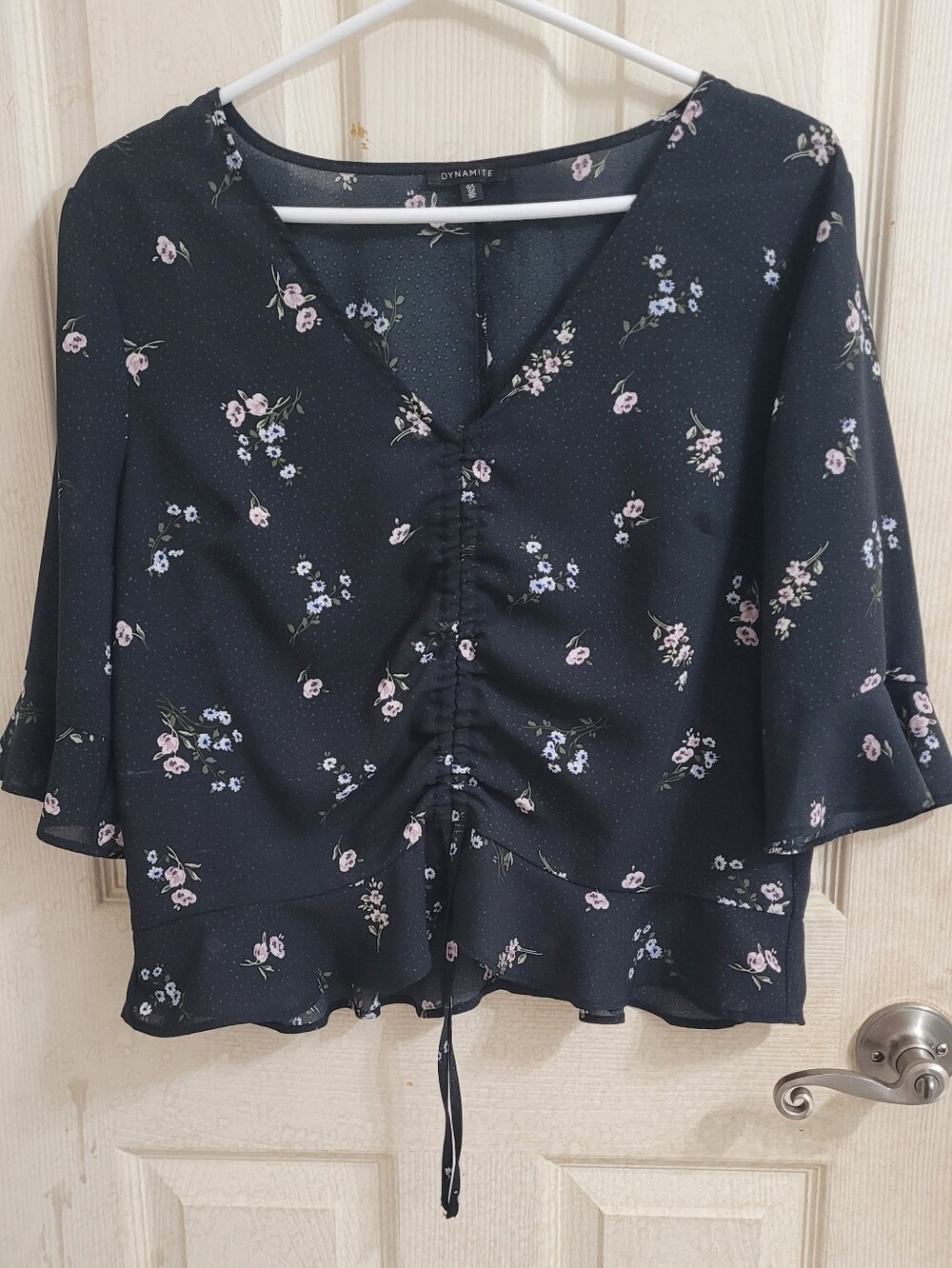 Dynamite Black Floral Ruched V-Neck Blouse